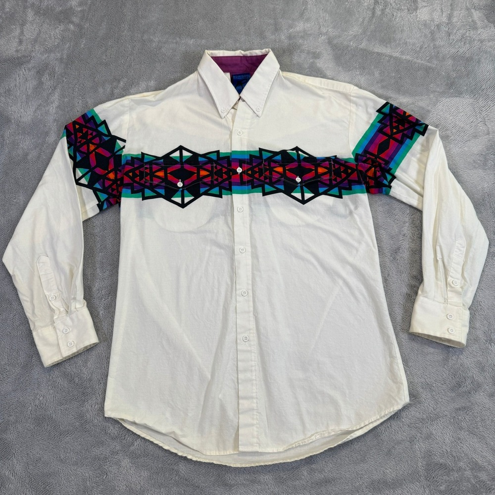 Roper Shirt Mens M White Vintage 90s Western Rodeo Southwest Aztec Geometric USA